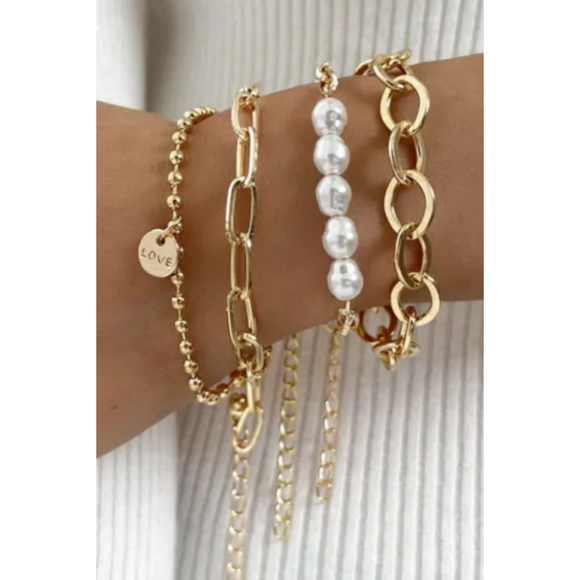 Women's 3 Gold Tone And Pearl Chain Bracelet Set One Size - Picture 5 of 6